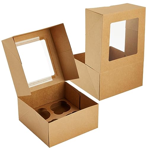 Juvale Cupcake Boxes - 6 x 6 in, 24 Count, Brown - 4-Cup Insert & Clear Window Cupcake Containers & Muffin Boxes