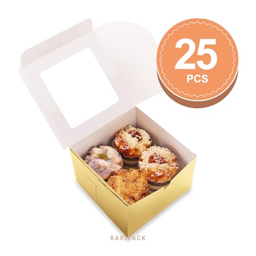 25 Gold Bakery Boxes with Window, 5x5x3.5 Inches Cake Boxes - color: Gold