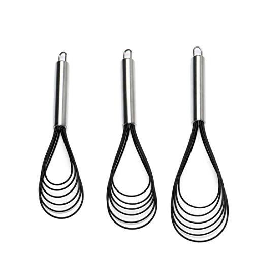 Flat Whisk Set,Stainless Steel 3 Pack 10''+11''+12'' Premium Sturdy-6 Silicone Heads Non Stick Wires Whisk for Blending Beating Stirring Kitchen Cooking by Jell-Cell (Black) - color: Black