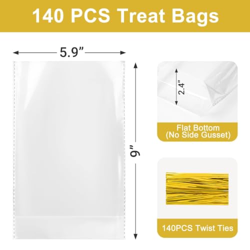 Aubeco 140Pcs Clear Cellophane Bags, Flat Bottom, 5.9x9x2.4 - size: 5.9x9 Inch (Pack of 140)