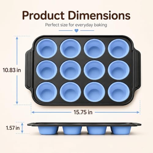 Silicone Muffin Pans for Baking, 12-Cup Muffin Tin with Metal Frame - color: Blue