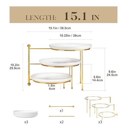 MALACASA Round 3 Tier Serving Tray, 10.25" White Porcelain Dessert Stand - color: White Gold