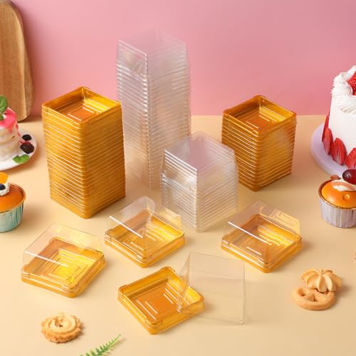 50 Pcs 3 Inch Mini Cake Box, Clear Plastic Cupcake Box with Lids Single Square Dessert Container Mooncake Packing Box for Individual Muffins Cookies Chocolate Wedding Party Christmas