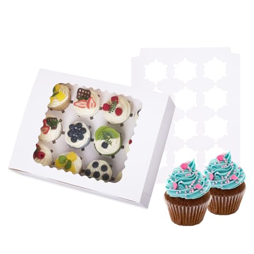 12-Set Cupcake Boxes Hold 12 Standard Cupcakes, Food Grade Cupcake Holders Bakery Carrier Boxes with Windows and Inserts for Cupcakes, Muffins and Pastries (White-12 Pack) - color: White-12 Pack
