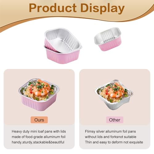 Mini Cake Pans With Lids 5oz, 50 Pack Mini Loaf Pans with Lids, Aluminum Foil Baking Cups, Disposable Square Brownie Baking Cupcake, Dessert Cups for Wedding, Birthday, Party, Picnics (Pink) - color: Pink, size: 5oz