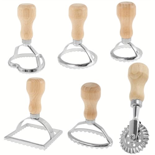Premium Wooden Handles 6pcs Ravioli & Pasta Maker Set - Easy-to-Use Stamp and Cutter Wheels for Homemade Spaghetti, Tortellini, Lasagna, Dumplings, and More - Perfect Kitchen Gadgets