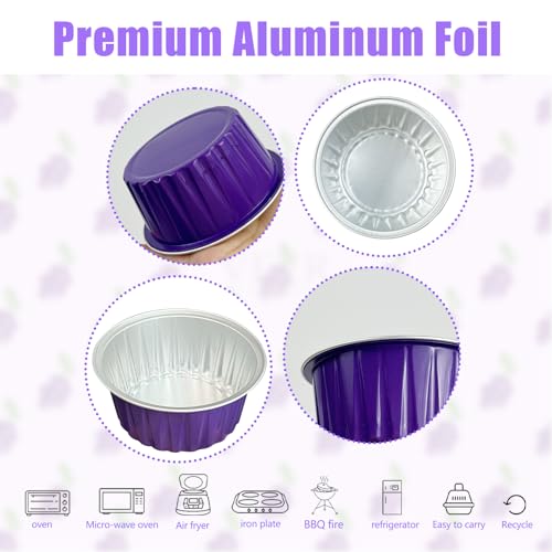 100Pcs Aluminum Cups with Lids,5oz Disposable Ramekin Baking Cups Muffin Liners Mini Pie Pans Foil Cupcake Containers for Christmas Party Wedding Party,Dark Purple - color: Dark Purple