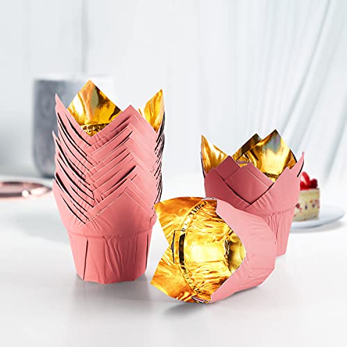 Party Hippo Gold Tulip Cupcake Liners, Baking Paper Cups, Greaseproof Cupcake Wrappers for Muffins, Cupcakes, Wedding, Birthday, Baby Shower (100, Pink) - color: Pink