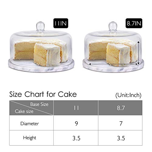 Flexzion Marble Cake Stand with Lid Round Glass Cover Glass Dome Cake Saver Cheese Holder Serving Platter Stone Cake Stand Cutting Board Slab Set for Kitchen Dining Bakery Pastries Display, 11 Inches - size: 11 Inch