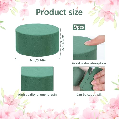 Green Floral Foam Blocks 9Pcs Round Flower Foam Blocks Wet and Dry Foams for Flowers Arrangements 3.1"x 1.5" Wet Dry Florals Foams for Flower Box Florist Home Wedding Birthdays Decoration