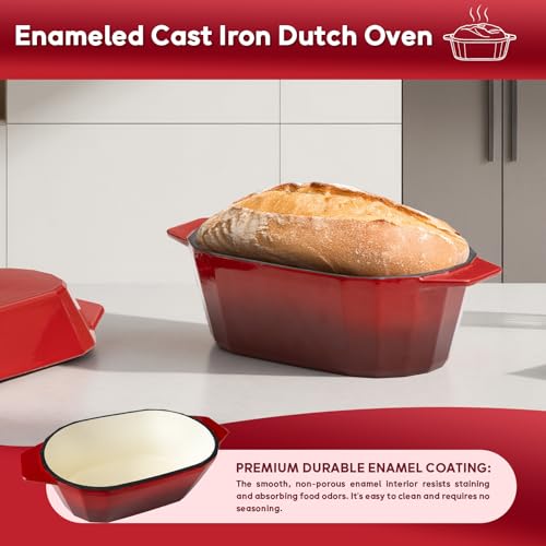 Enameled Cast Iron Dutch Oven for Bread Baking – 3QT Oval Round Heavy Duty Bread Pan with Lid, Non-Stick Ceramic Coating,Loaf Cast Iron Bread Oven for Sourdough, Baking, Roasting, Braising, Stovetop & Oven Safe - color: Red