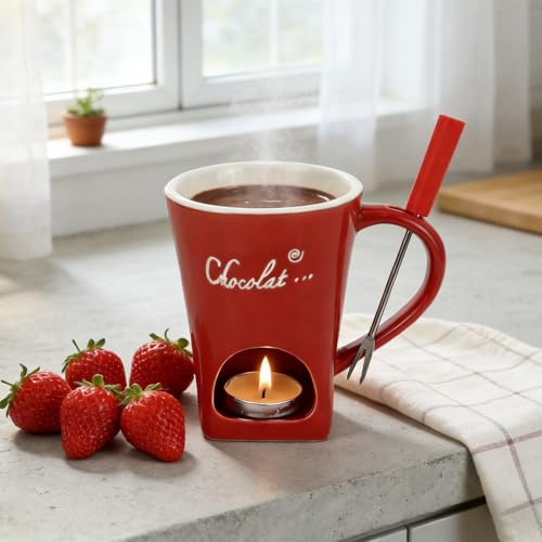 Chocolate Fondue Mug with Fork Sweet Ceramic Personal Chocolate Melting Cup Chocolate Fondue Mug Ideal Gifts for Birthday Date Night Birthday Wedding Gifts (Red) - color: Red