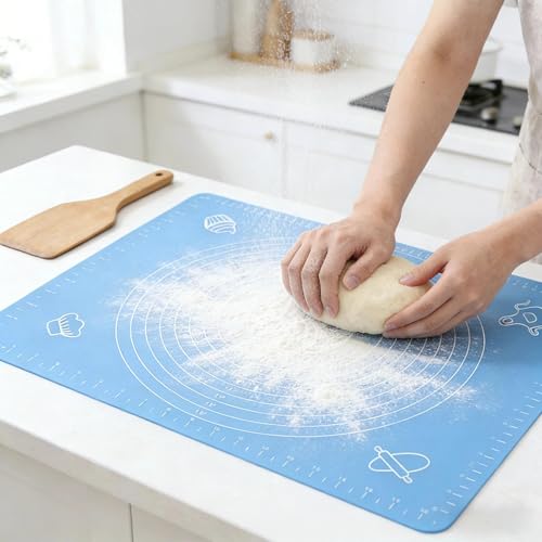 Silicone Baking Mat for Rolling Dough, Non Stick Pastry Mat with Measurements, Anti Slip Kitchen Counter Cover for Kneading, Pie Crust, Pizza and Cake, Blue