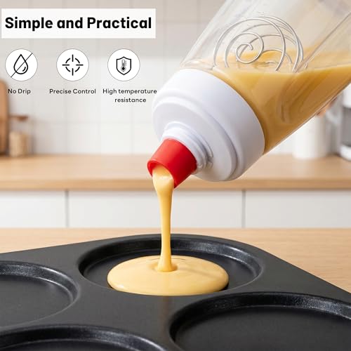 2PCS Pancake Batter Dispenser Bottles with Stainless Steel wire whisk Ball, 1000ml BPA-Free Pancake Squeeze Bottle Ideal for Pancakes Crepes Muffins Waffle Cupcakes