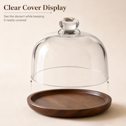 QWORK 6 Inch Small Cake Stand with Glass Dome, 6.1" Wood Serving Tray and Clear Cloche for Cupcakes, Dessert, Cheese, Pastry – Decorative Tabletop Display Plate
