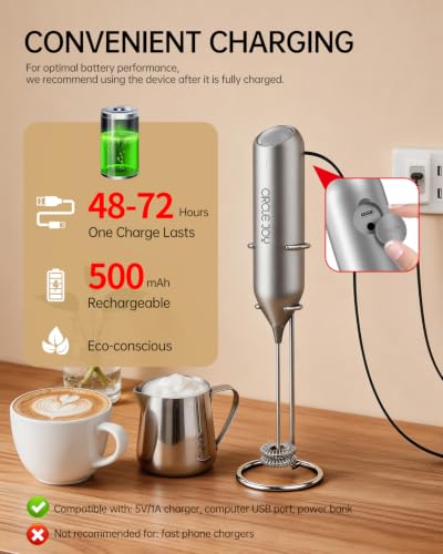 CIRCLE JOY Rechargeable Milk Frother Handheld with Stand, Dual Spring Whisk Electric Foam Maker, Detachable Hand Frother Wand Drink Mixer for Lattes, Cappuccino, Macchiato, Hot Chocolate, Silver - color: Stand Silver Pro