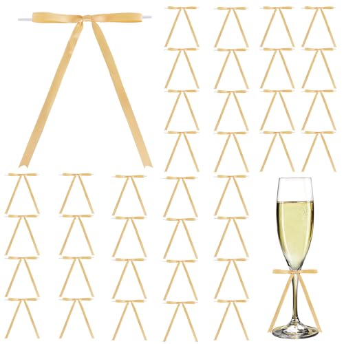 TONIFUL 50 Pack Gold Bows with Twist Tie 5 x 7 Inch Pretied Ribbon Bows - color: Gold