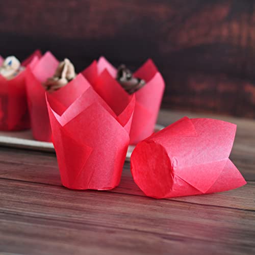 Red colour Large size Tulip Baking Cups 2-1/4"(Base diameter) x 4"(Wall height) Greaseproof paper baking cupcake Muffin liners, Case of 130 pcs - color: Red