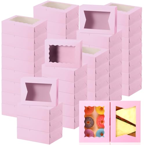 TaoBary 100 Pcs Cookie Bakery Boxes with Window 8x6x2.5,2 Style Bake, Pink - color: Pink