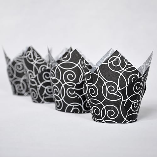 QLSmypkg Muffin Greaseproof paper Baking cupcake cups, 2"(Bottom diameter) x 3-1/2"(Height) Black Fancy Floral Print Tulip Baking Cup Case of 125 pcs (125, Standard) - color: Black Fancy Floral Print
