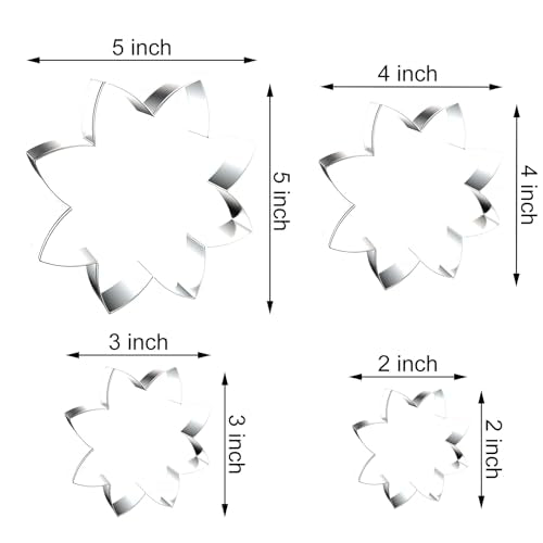 Sunflower Cookie Cutter Set - 5 inch, 4 inch, 3 inch, 2 inch - 4 Piece Mother’s Day Flowers Cookie Cutters Shapes Molds - Stainless Steel - color: Sunflower