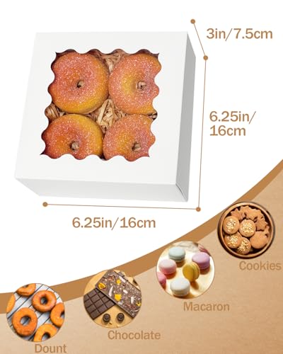 qiqee Auto-pop up 6x6x3 Inch White Cookie Box with Window 30Pcs Pastry Macaron Bakery Box for Packaging - color: 6x6x3, 30Pcs,White