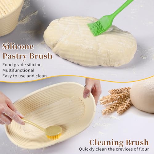 Banneton Bread Proofing Basket Set, 11 Inch Sourdough Proofing Basket and Bread Baking Supplies-Bread Lame, Danish Whisk, Bowl & Dough Scraper, Brush, (Rattan, 10in Round +10in Oval+1 Set Jar Kit) - size: Rattan, 10in Round +10in Oval+1 Set Jar Kit