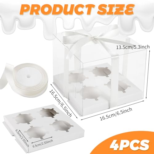 JCD 4Pack Clear Cupcake Boxes, 4 Count Cupcake Containers with Gift Ribbon,5.3inches height Plastic Cupcake Carrier Holder for Treat Dessert Cookies Muffins Pastry Baby Shower Party(4count/4pcs) - size: 4count/4pcs