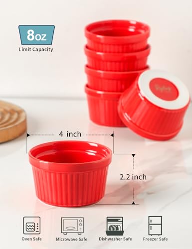 8 oz Ramekins Oven Safe Set of 6, Souffle Dish Baking Bowls, Custard Dessert Cups for Pudding Yogurt Ice Cream, Ceramic Ramiken Bowl, Red - color: Red