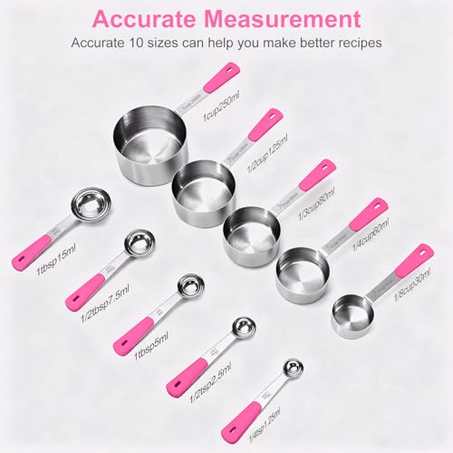 Bopei 10-Pcs Stainless Steel Measuring Cups & Spoons Set, Pink Handles - color: Pink