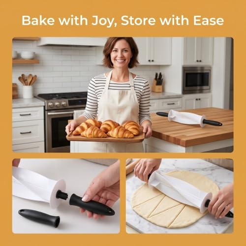 Rolling Pin 36.4cm – Irregular Shape Dough Roller Pastry Cutter for Dough, Croissant & Bread, Food-Safe Plastic Baking Tool with Detachable Handle