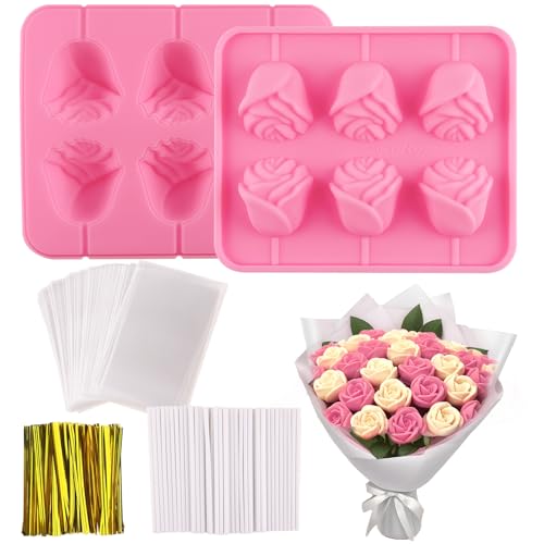 Rose Cake Pop Mold Kit 2 Pack Rose Lollipop Mold Flower Sucker Molds Flower Lollipop Baking Molds Tray with 300pcs Lollypop Sucker Sticks and Bags for Chocolate Jelly Hard Candy Cake Cupcake - color: Rose