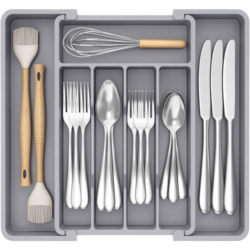 Lifewit Expandable Silverware Drawer Organizer, Kitchen Utensil Tray - color: Gray, size: Medium Wide(8.5-14''W x 12''D)