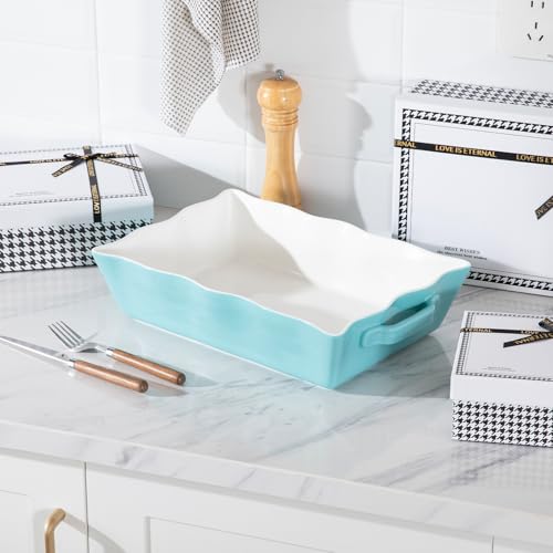 Sweejar Casserole Dishes for Oven, Ceramic Bakeware Set of 3, Rectangular Baking dish with Handles, Wave Edge Lasagna Pan Deep for Cooking, Cake, Dinner, Banquet and Daily Use (Baking dish(Set of 1), Turquoise New) - color: Turquoise New, style: Baking di