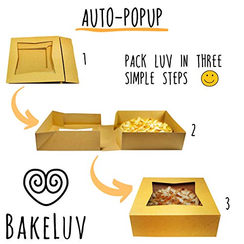 BAKELUV 100 Pack 8x8x2.5 Inch Brown Bakery Boxes with Window | Cookie Boxes, Pastry, Desserts, Treats, Food, Cardboard Takeaway/Takeout Containers | Kraft