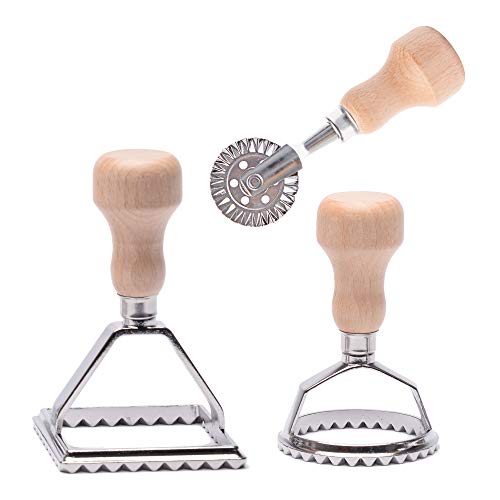 Ravioli Stamp Maker Cutter with Roller Wheel Set, Mold with Wooden Handle and Fluted Edge, Pasta Press Kitchen Attachment (MF-146) - size: 3 piece