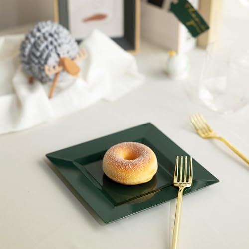 100 Pack Green Plastic Square Dessert Plates, 6.5" Disposable Salad Plates - color: Green