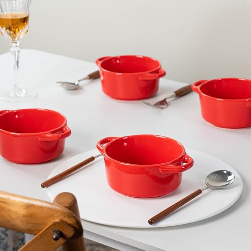 Mini Dutch Oven Set of 4, 14 oz Ceramic Mini Dutch Ovens with Lids and Handles, Ramekins with Lids for French Onion Soup, Pot Pies, Soufflés and Baked Desserts, Oven Microwave Dishwasher Safe, Mini Cocotte，（Red） - color: Red