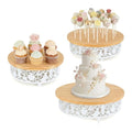 3-Tier Wooden Cake Pop Stand Set, White Metal Decorative Border, 11.8/8.7/7.1 Inch Round Display Stands with 35 Holes, 50 Sticks Included for Party Wedding