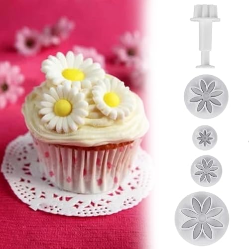 4Pcs Daisy Fondant Cutter, Flower Cookie Cutters, Chrysanthemum Plunger Cutters, Flower Molds for Fondant, Decoration Embossing Tool
