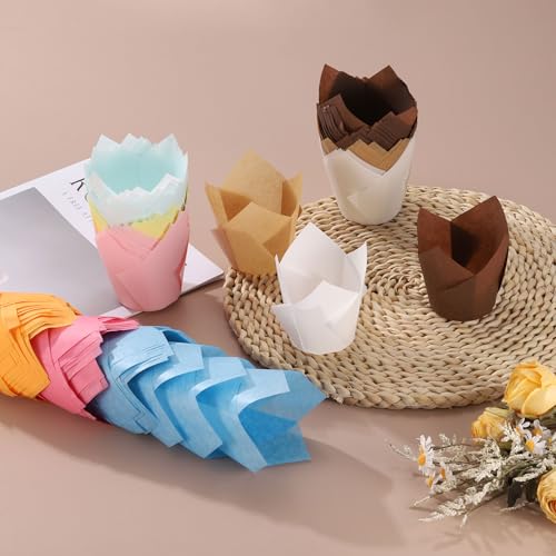 uxcell 150Pcs Tulip Baking Cups Cupcake Muffins Liners Paper Greaseproof Wrappers for Wedding Birthday Party Festivals Christmas(3.1" x 2", Light Blue/Light Yellow/Pink) - color: Light Blue/Light Yellow/Pink