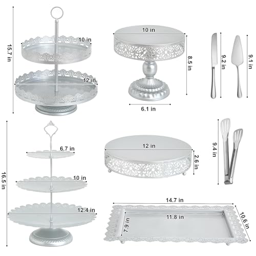 11Pcs Silver Cake Stand Set, Metal Dessert Table Display Set - color: Silver