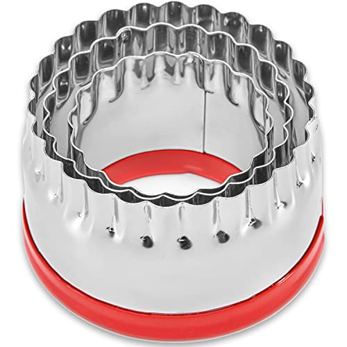 3Pcs Fluted Round Cookie Cutters - 2" & 2.6" & 3", Heavy Duty Food-Grade Stainless Steel, Mini Biscuit Cutter, Unique Design with Protective Red Top PVC