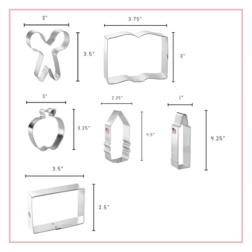 Foose Brand Back To School Teacher Appreciation Cookie Cutter 7 Pc Set –School Book, Ruler, Crayon, Scissors, Rectangle, apple, and pencil Cookie Cutters Hand Made in the USA from Tin Plated Steel