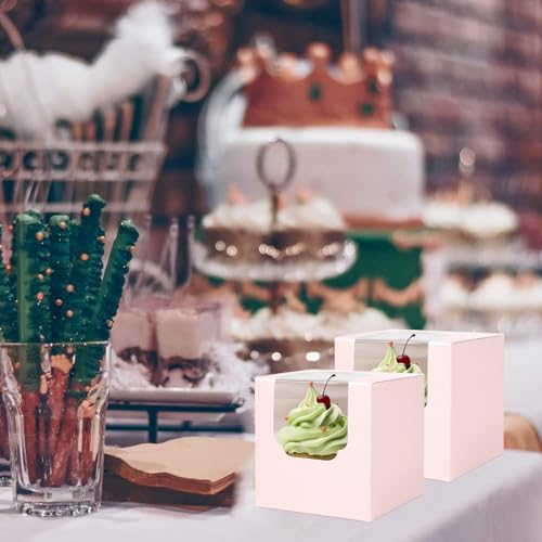 JCD 70 packs Pink Cupcake Boxes Individual Cupcake Container 3.5" x 3.5" x 3.5" Auto-Pop up Single cake Box for Bakery Gift Giving(70 Boxes+70 Inserts) (Pink/70Pcs) - color: Pink/70Pcs