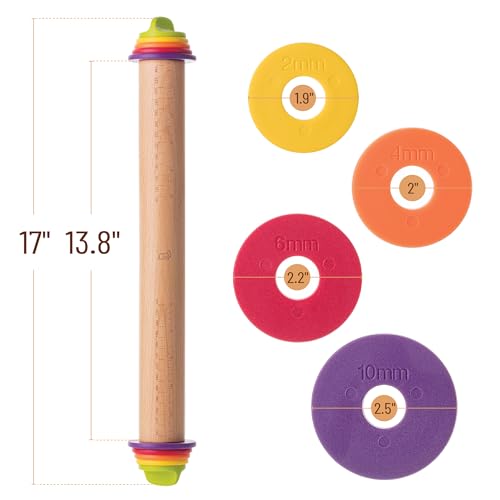 Adjustable Rolling Pin with Thickness Rings, 13.8", 4 Rings - color: Multicolor