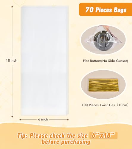 Yuiicaov Cellophane Bags for Wine Bottles, 6x18 Inches 70Pcs Clear Wine Gift Cello Bags With Twist Ties, Clear Treat Bags Packaging for Wine Champagne (Flat, No Gusset) - size: 6×18 Inch(Pack of 70)