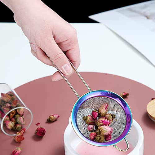 Kyraton Rainbow Fine Mesh Strainer 3 Pieces Set, Copper Flour Sifter For Baking, Stainless Steel Clander, Matcha Tea Strainer, Gravy Separator, Stasher Sieve Pasta Strainers - color: Rainbow