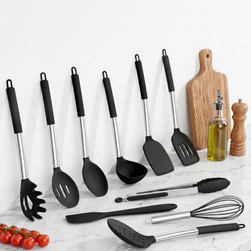 Onader Silicone Kitchen Utensils Set of 10, Cooking Utensils with Holder and Heat Resistant Stainless Steel Handle for Nonstick Cookware - Black - color: Black
