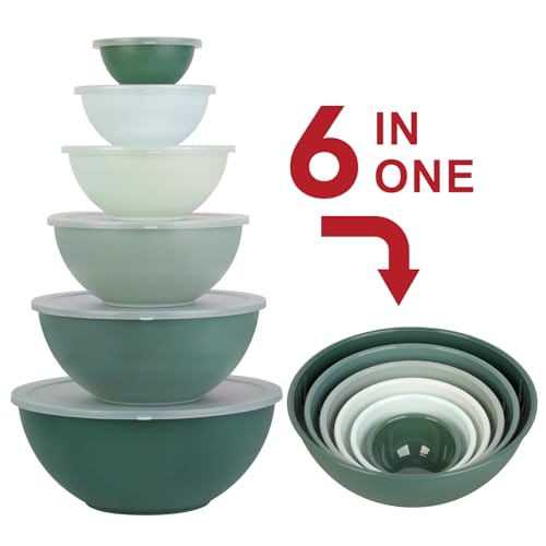 BoxedHome BPA Free Plastic Round Mixing Bowl with Lids, 12 Pack Nesting Bowls with Lids Set, Microwave and Dishwasher Safe Prep & Serving Bowls Great for Mixing, Baking, Serving (Green, 12pcs) - color: Green